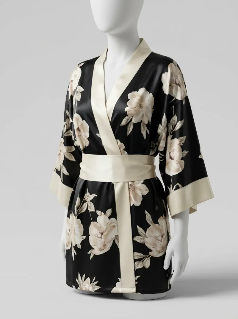 Kimono court polyester végétal peignoir femme confortable