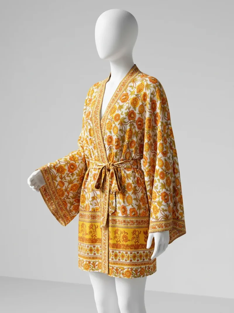Kimono court coton soyeux femme détente fleurie