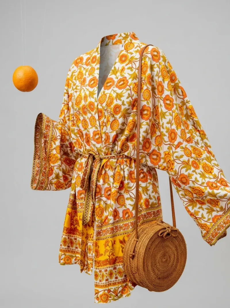 Kimono court coton soyeux femme détente fleurie