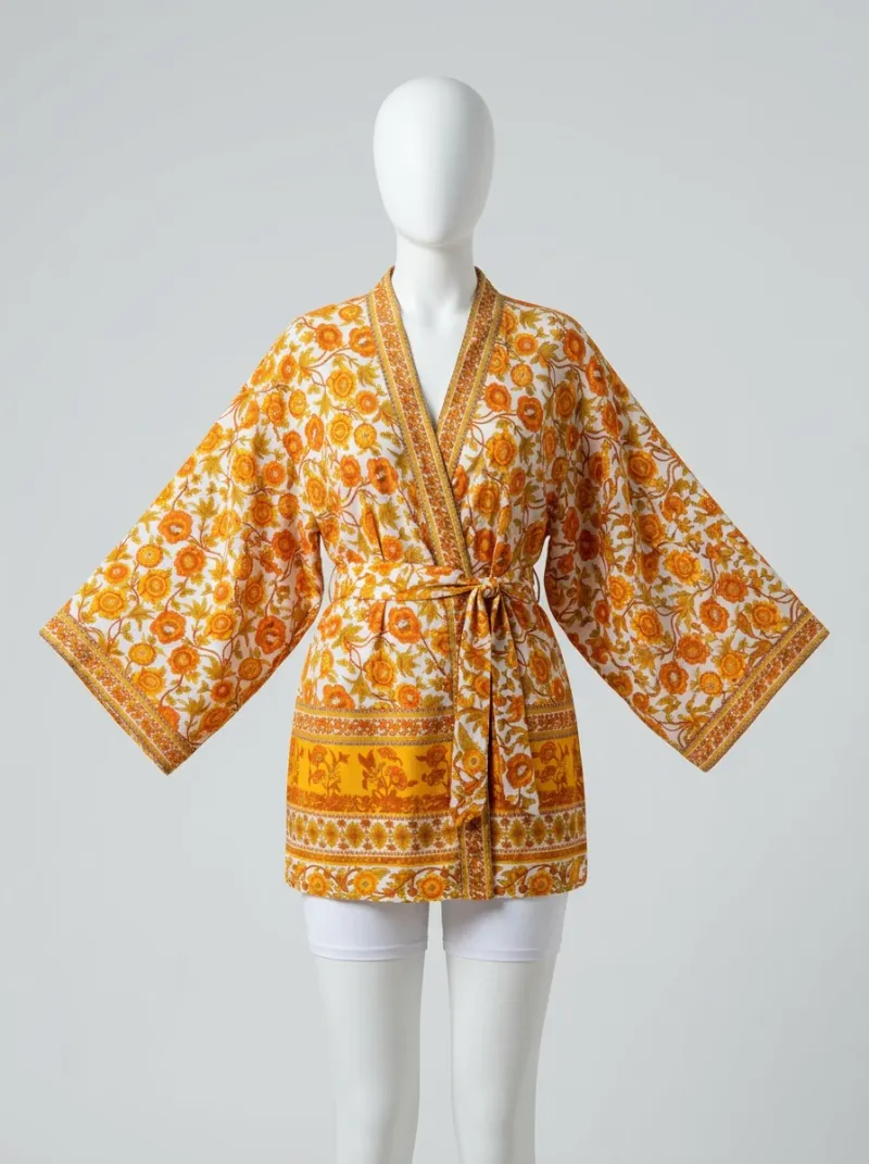 Kimono court coton soyeux femme détente fleurie
