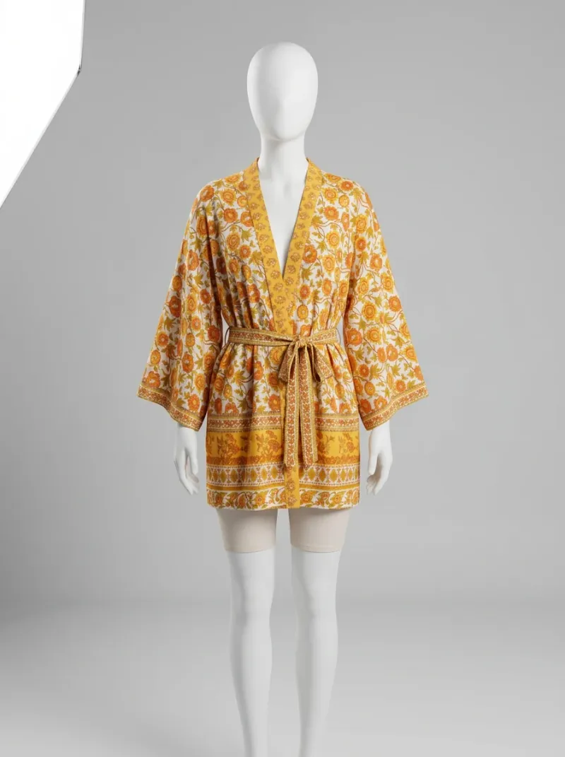 Kimono court coton soyeux femme détente fleurie