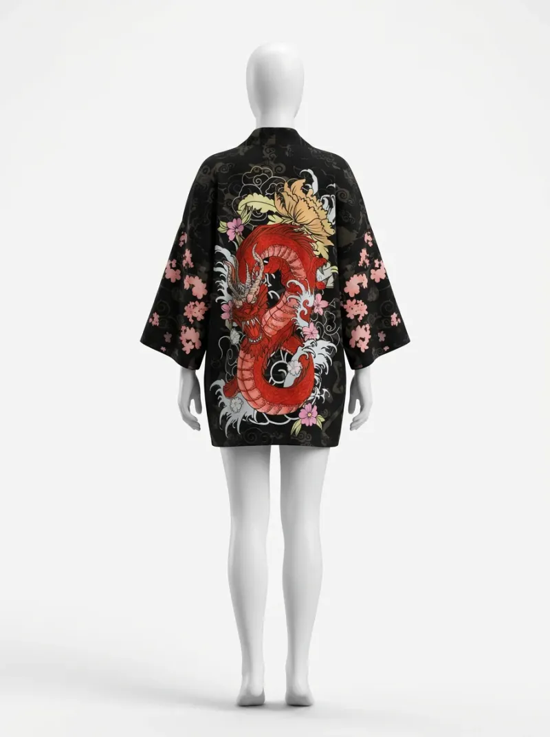 Kimono court polyester fluide dragon femme quotidien