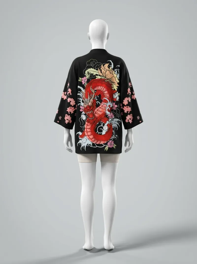 Kimono court polyester fluide dragon femme quotidien