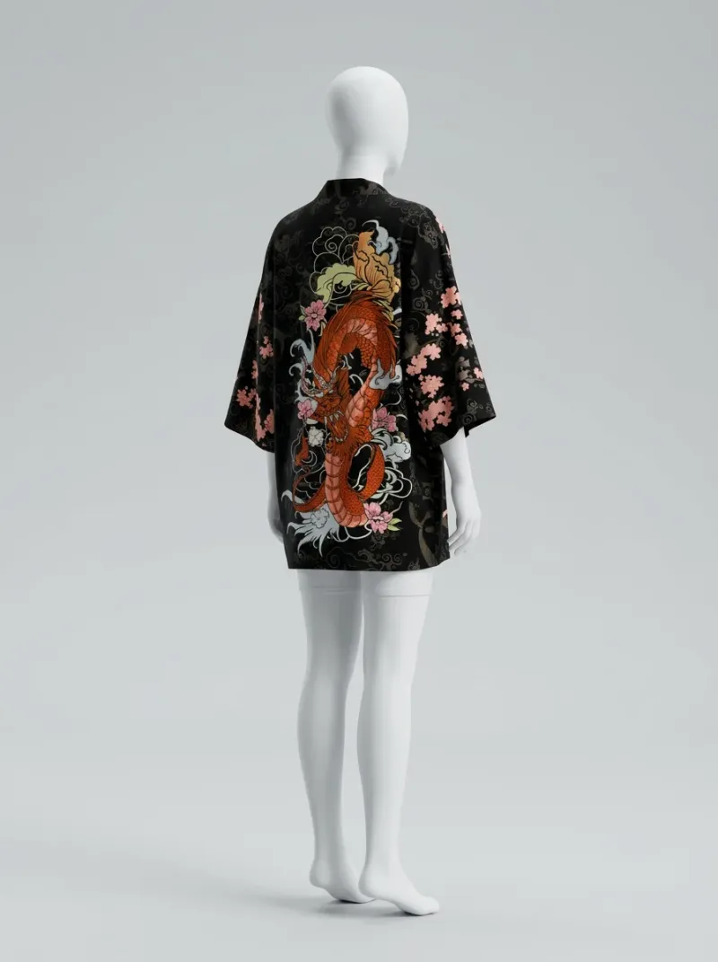 Kimono court polyester fluide dragon femme quotidien