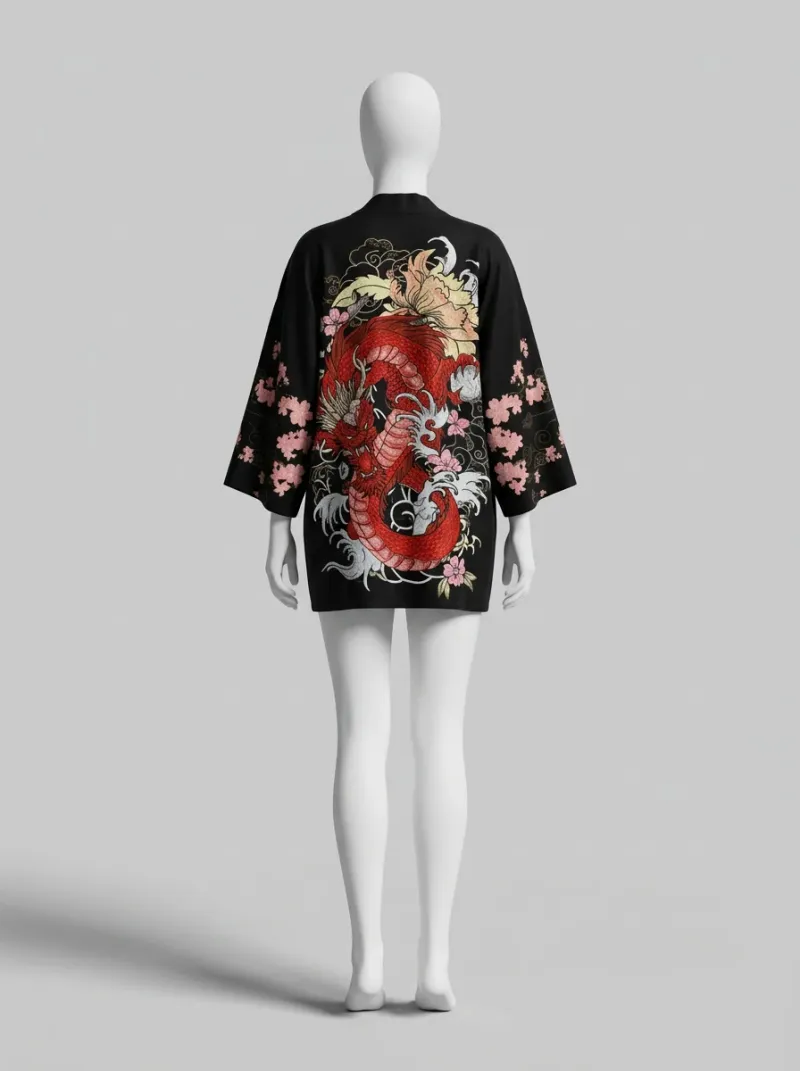 Kimono court polyester fluide dragon femme quotidien