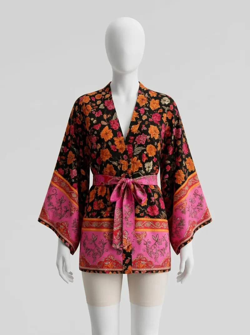 Kimono court coton imprimé fleuri femme léger