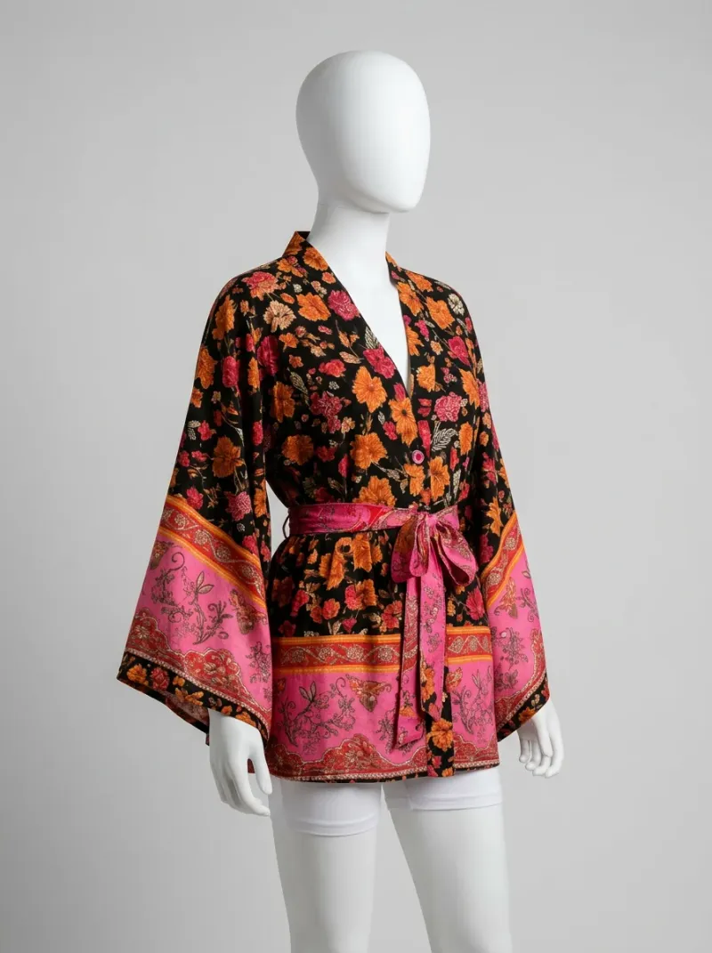 Kimono court coton imprimé fleuri femme léger