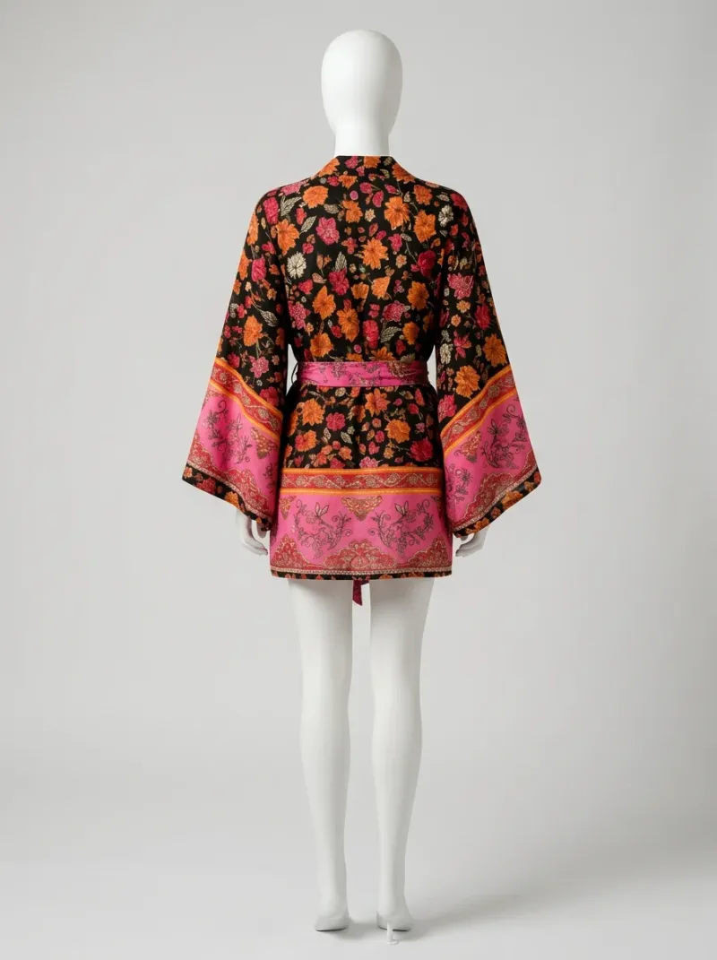 Kimono court coton imprimé fleuri femme léger