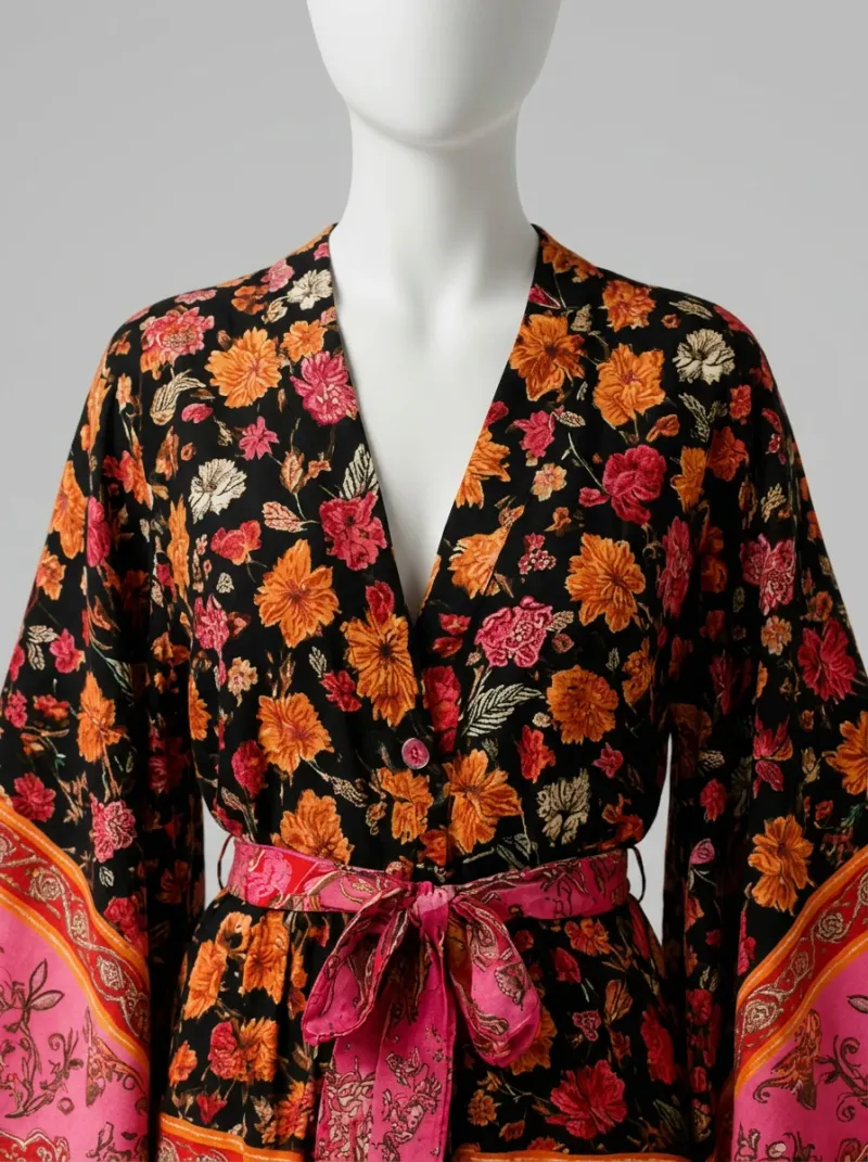 Kimono court coton imprimé fleuri femme léger