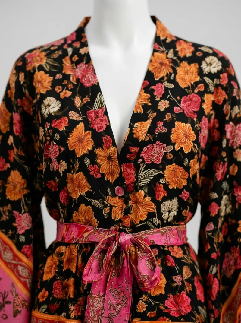 Kimono court coton imprimé fleuri femme léger