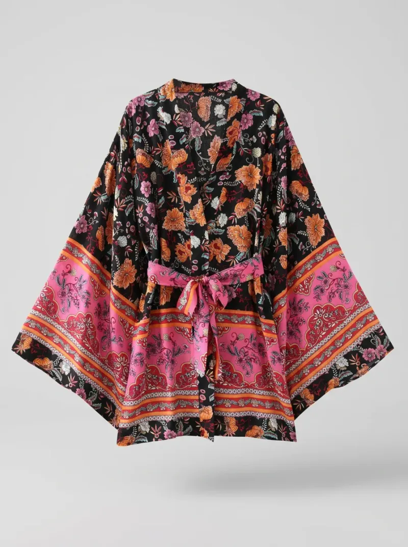 Kimono court coton imprimé fleuri femme léger