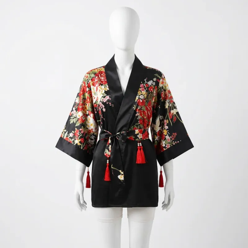 Kimono court polyester fluide fleuri femme raffiné