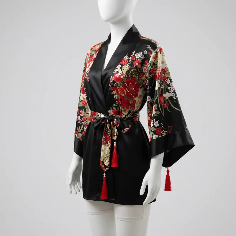 Kimono court polyester fluide fleuri femme raffiné