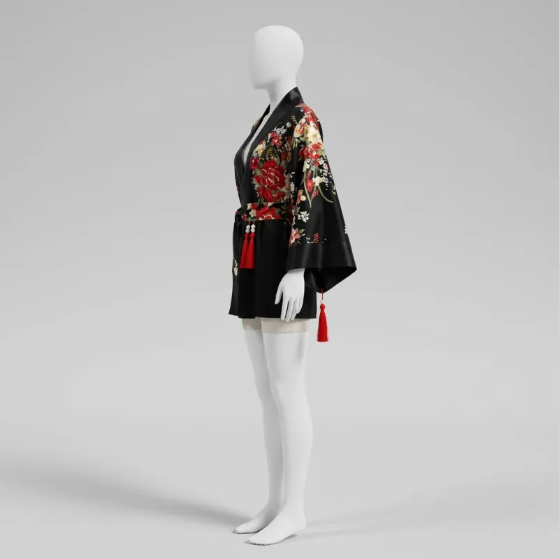 Kimono court polyester fluide fleuri femme raffiné