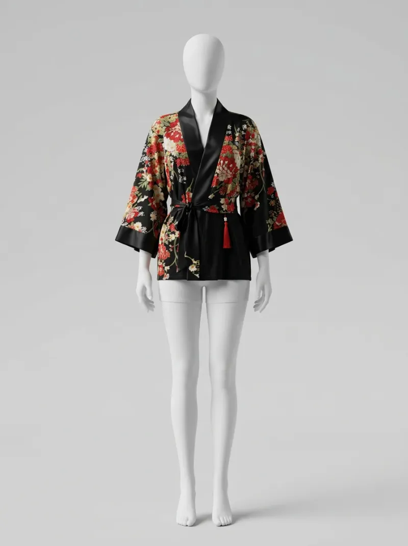 Kimono court polyester fluide fleuri femme raffiné