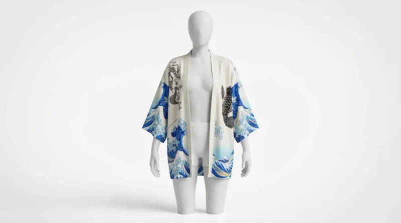 Kimono court polyester soyeux vagues fuji femme