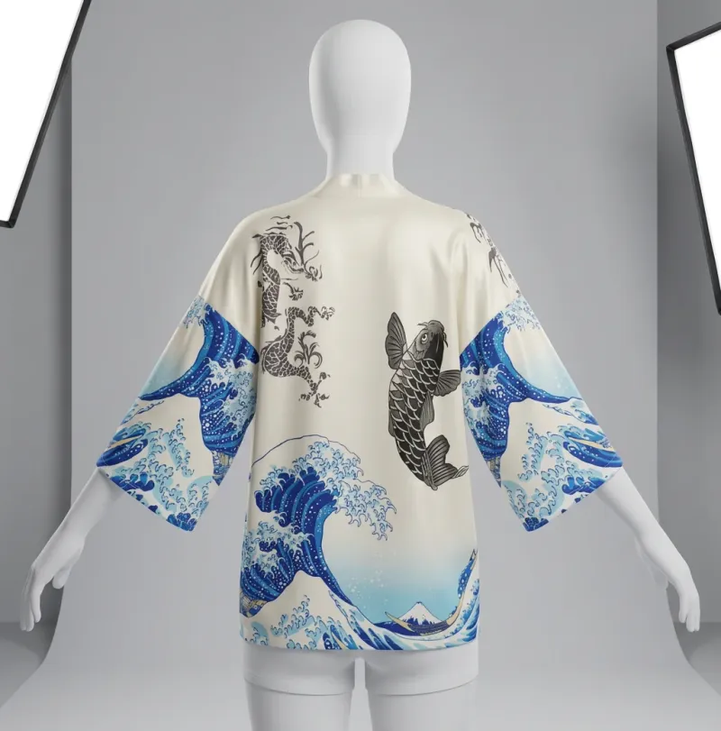 Kimono court polyester soyeux vagues fuji femme