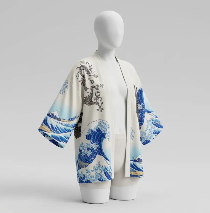Kimono court polyester soyeux vagues fuji femme