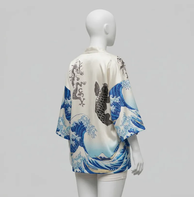 Kimono court polyester soyeux vagues fuji femme