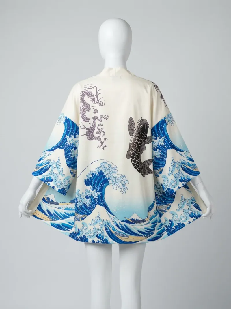Kimono court polyester soyeux vagues fuji femme