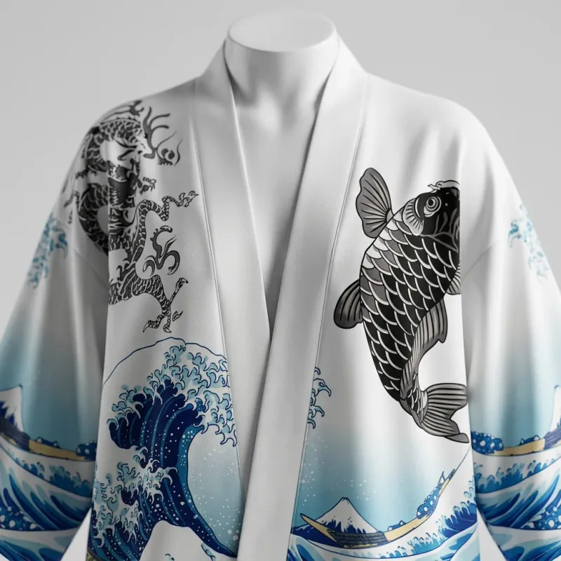 Kimono court polyester soyeux vagues fuji femme