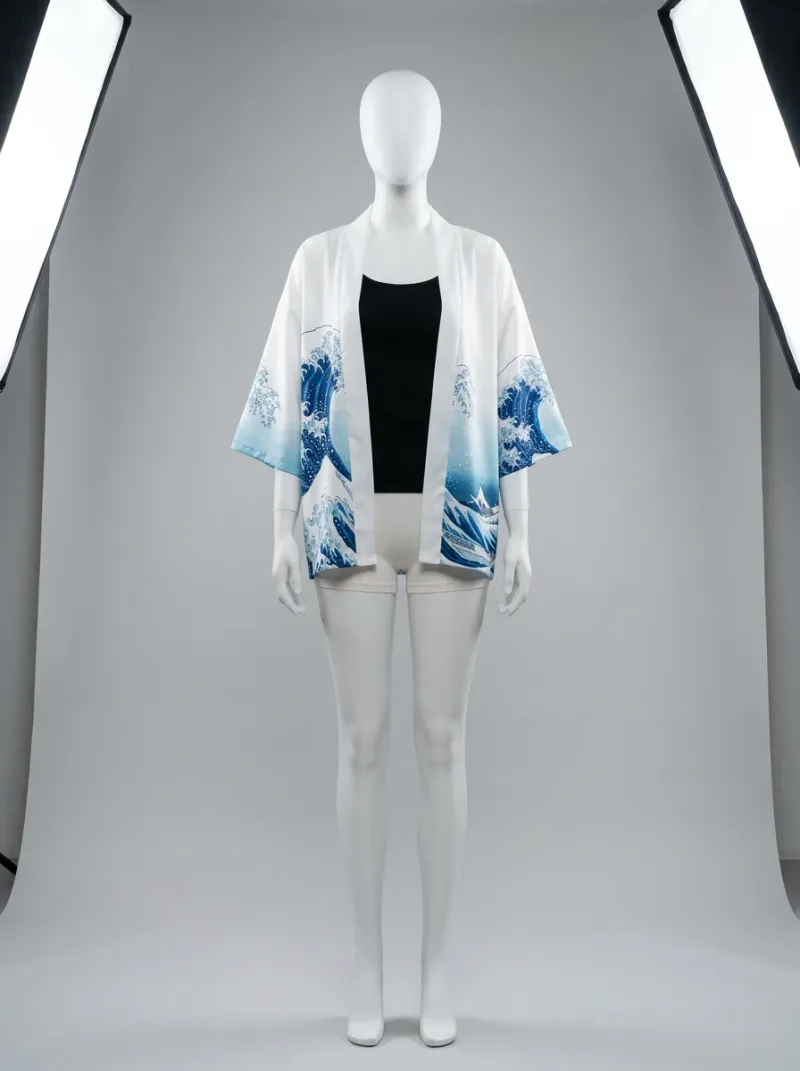 Kimono court polyester soyeux vagues fuji femme