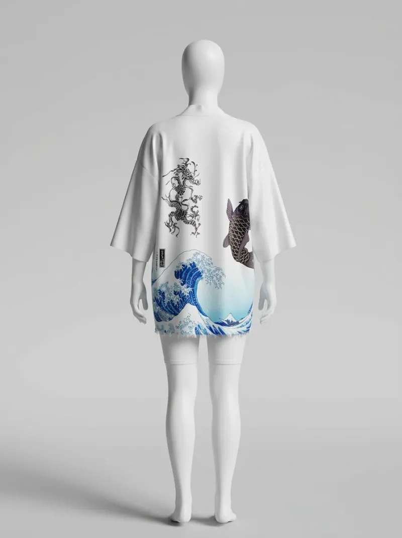 Kimono court polyester soyeux vagues fuji femme