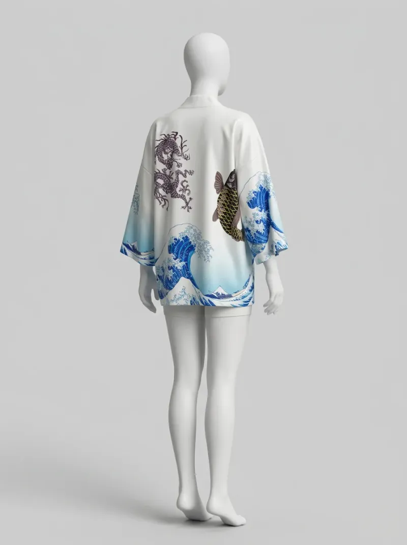 Kimono court polyester soyeux vagues fuji femme