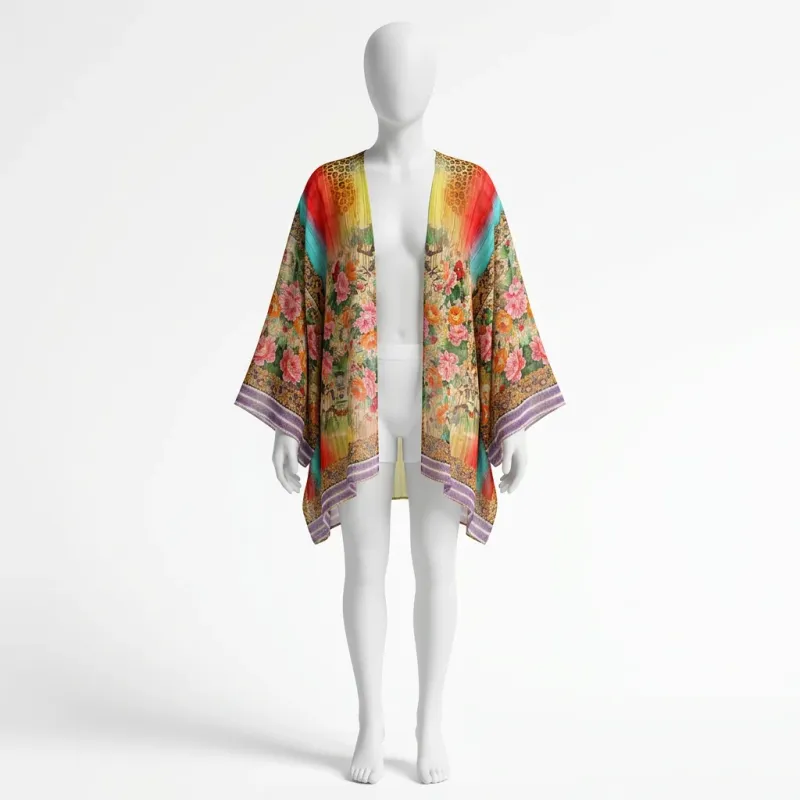 Kimono court synthétique fleuri aérien balnéaire
