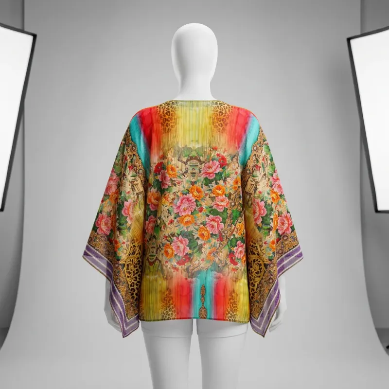 Kimono court synthétique fleuri aérien balnéaire