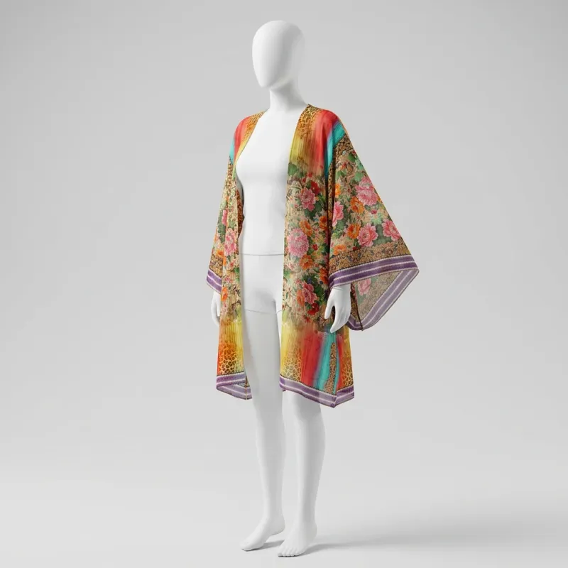 Kimono court synthétique fleuri aérien balnéaire