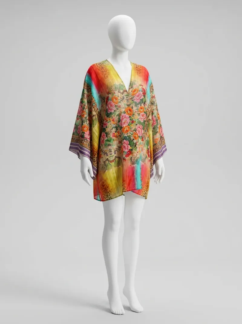 Kimono court synthétique fleuri aérien balnéaire
