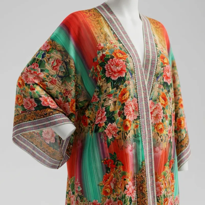 Kimono court synthétique fleuri aérien balnéaire