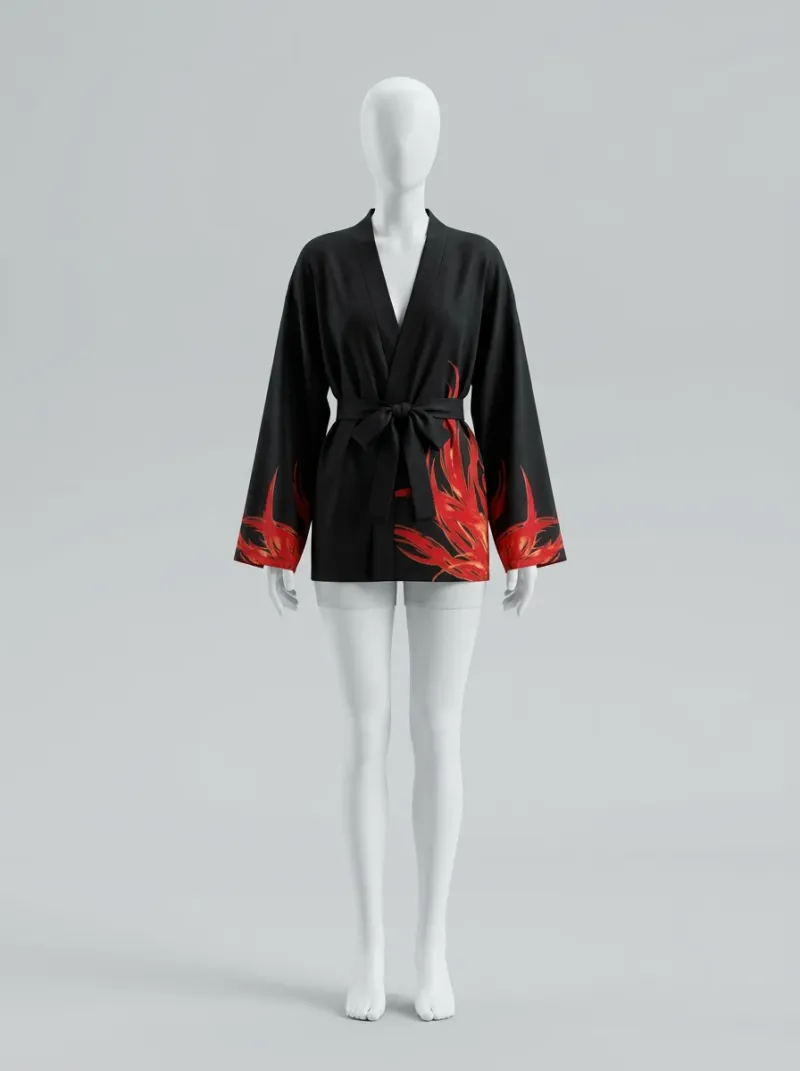 Kimono court polyester phoenix femme fluide quotidien