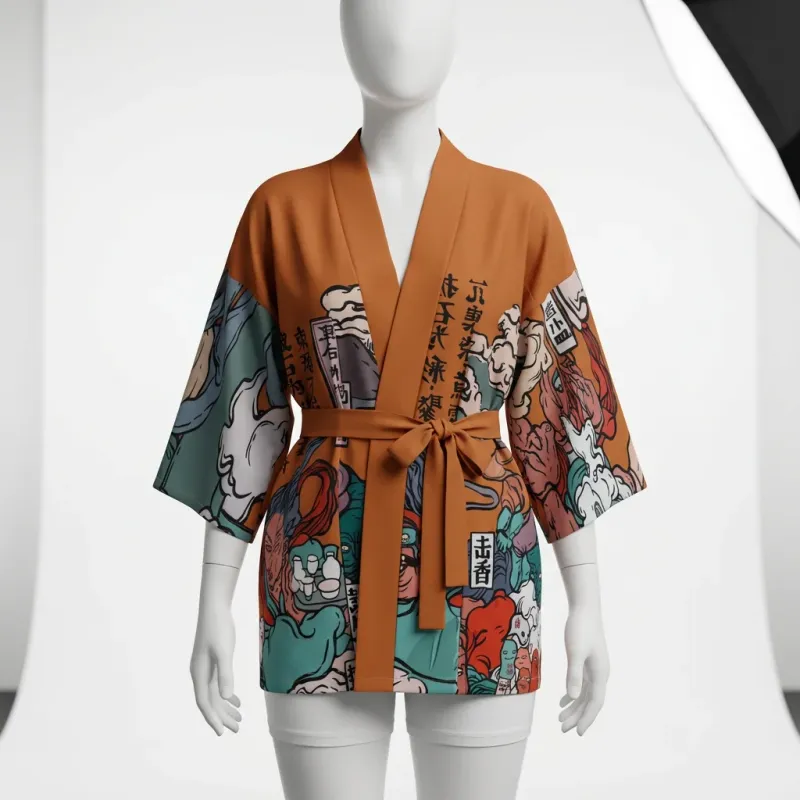 Kimono court polyester imprimé nippon femme décontracté