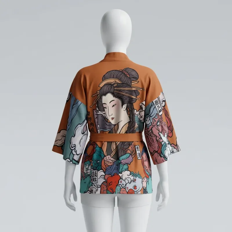 Kimono court polyester imprimé nippon femme décontracté