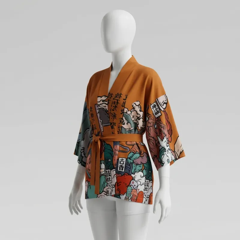 Kimono court polyester imprimé nippon femme décontracté