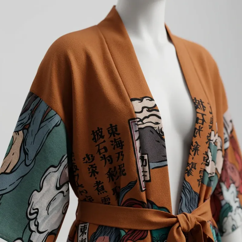 Kimono court polyester imprimé nippon femme décontracté