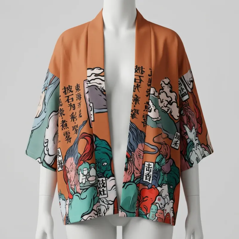 Kimono court polyester imprimé nippon femme décontracté