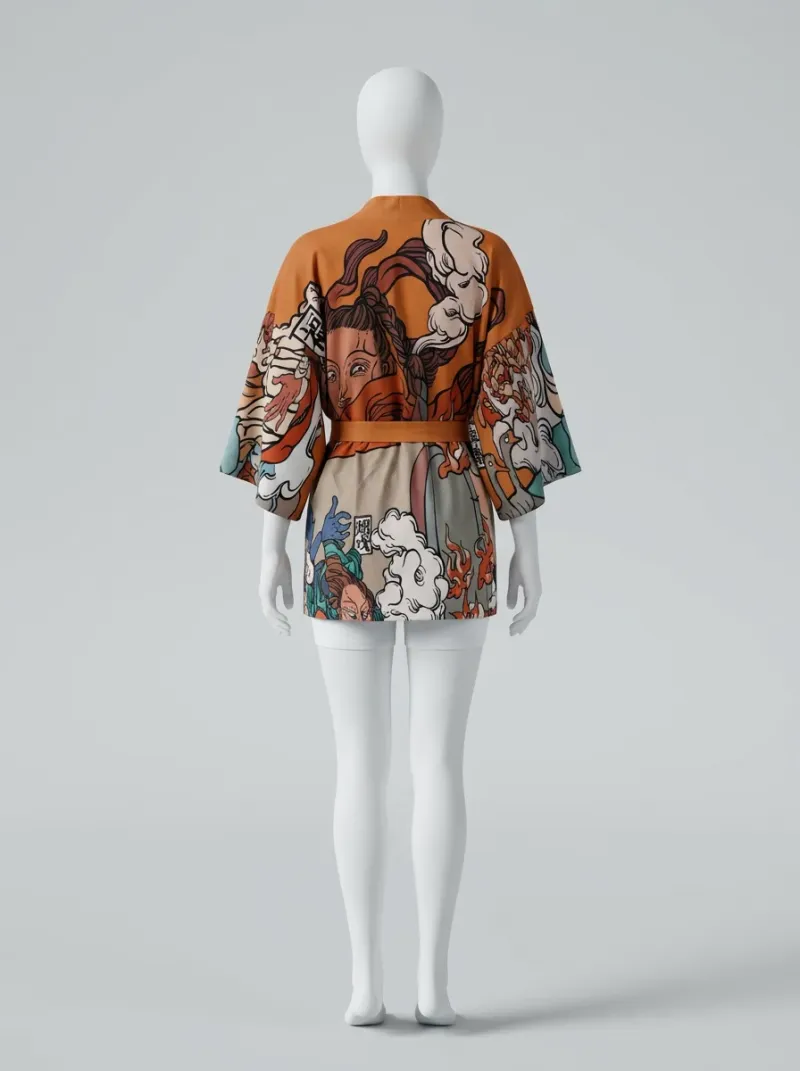 Kimono court polyester imprimé nippon femme décontracté
