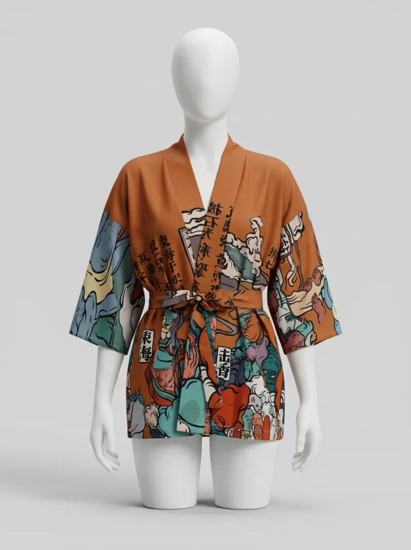 Kimono court polyester imprimé nippon femme décontracté