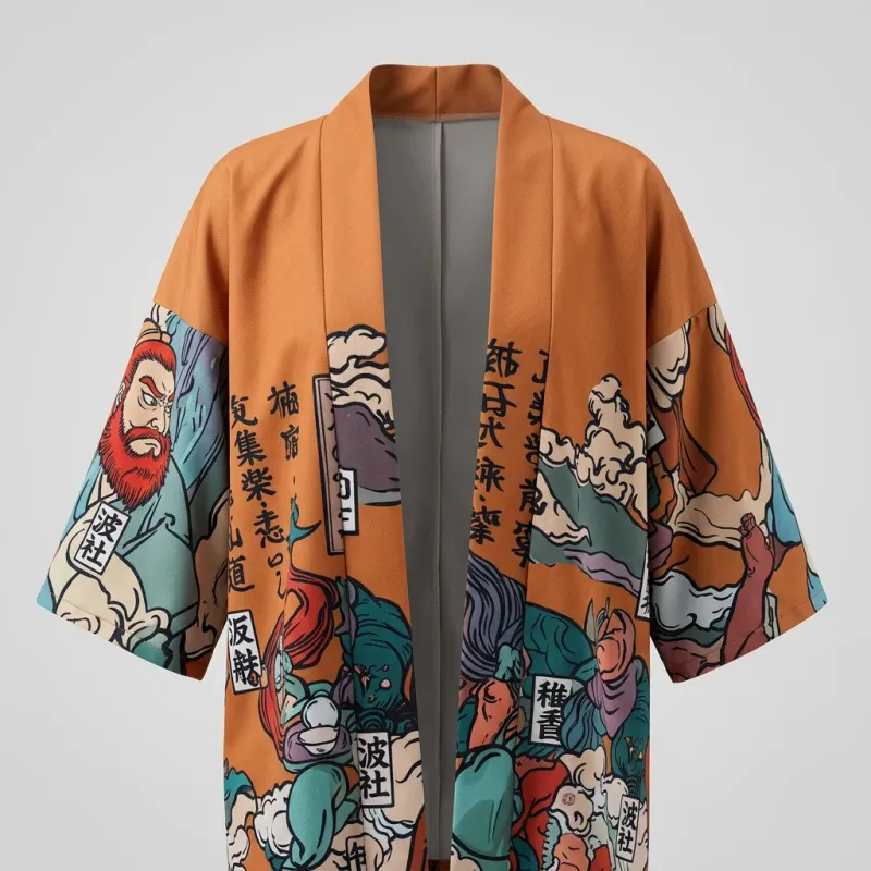 Kimono court polyester imprimé nippon femme décontracté