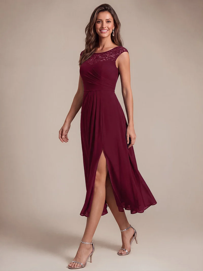 Robe d’invitée de mariage midi en mousseline à sequins