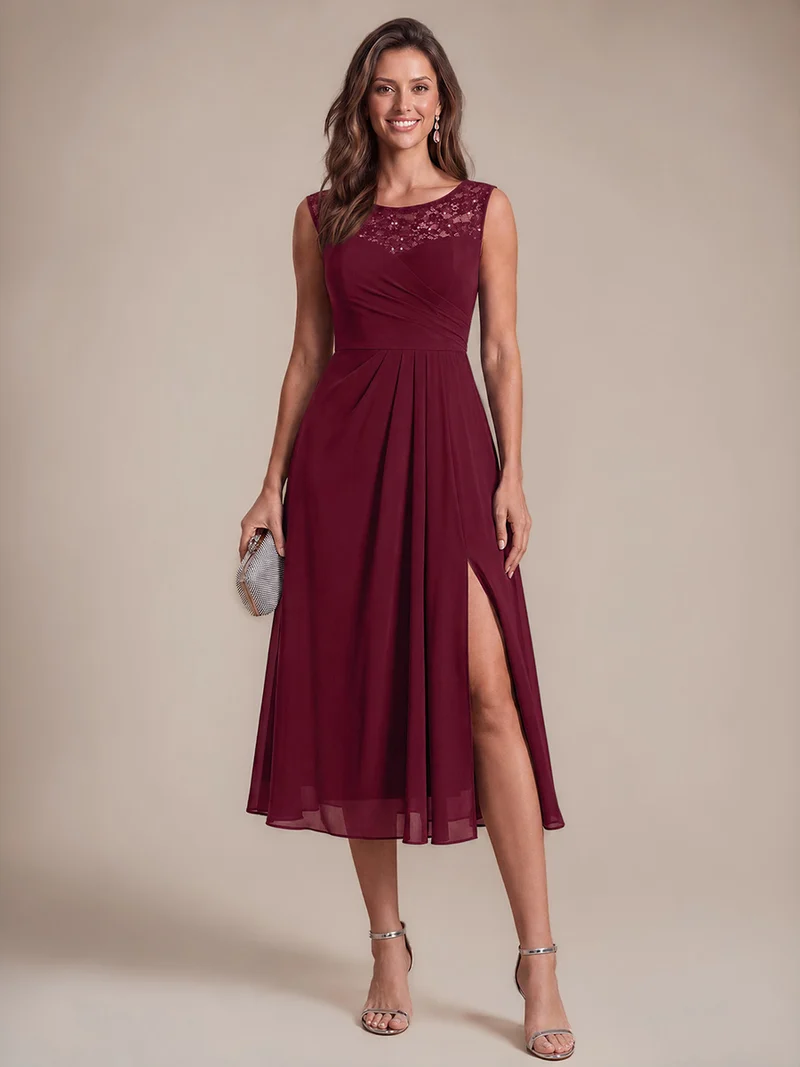 Robe d’invitée de mariage midi en mousseline à sequins