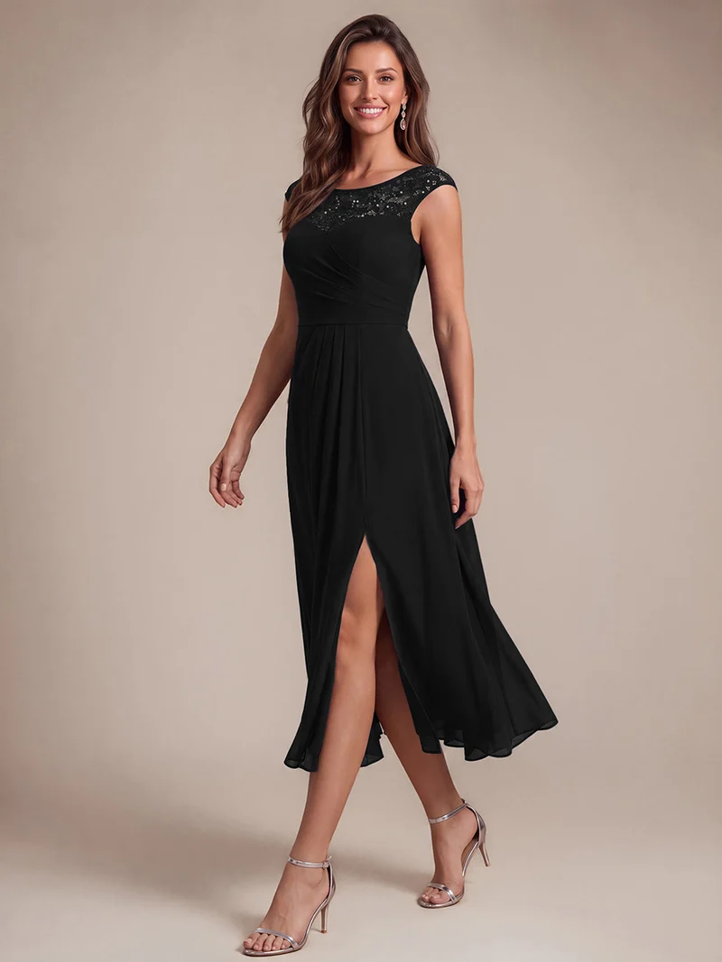 Robe d’invitée de mariage midi en mousseline à sequins