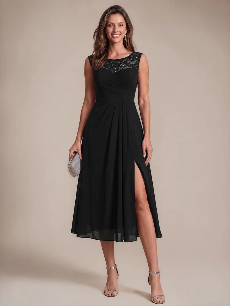 Robe d’invitée de mariage midi en mousseline à sequins