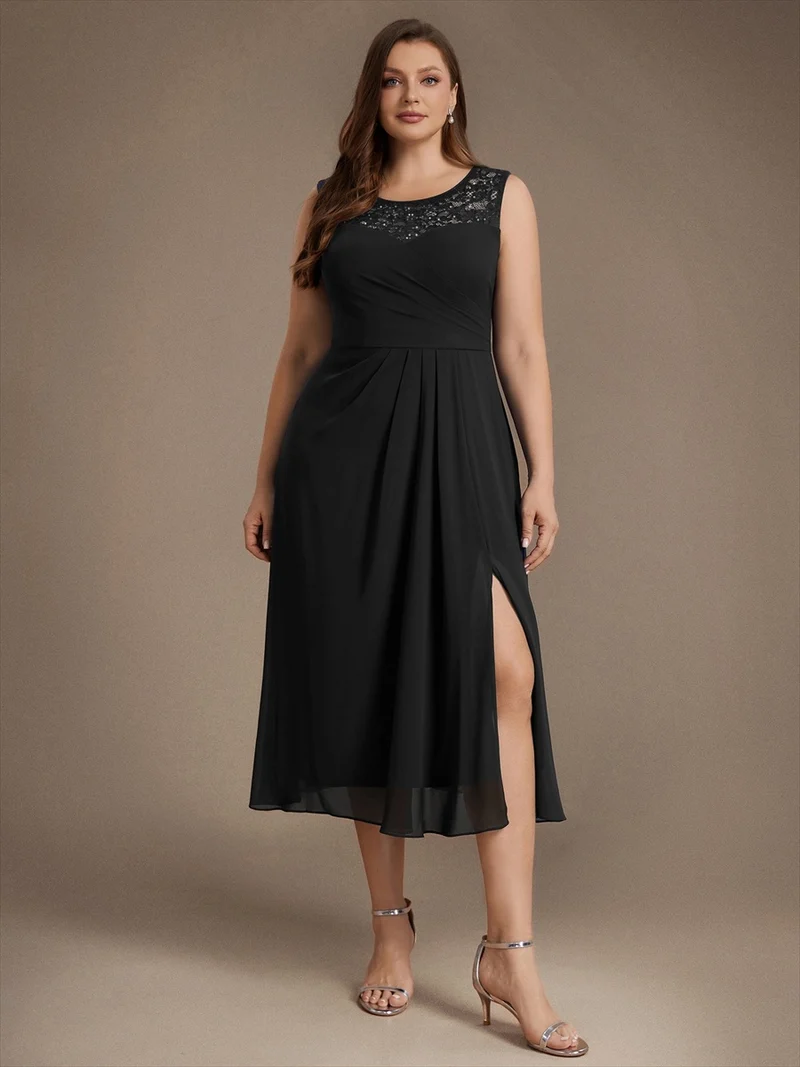 Robe d’invitée de mariage midi en mousseline à sequins