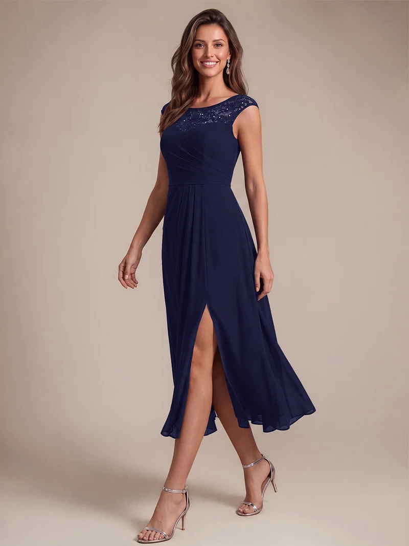 Robe d’invitée de mariage midi en mousseline à sequins