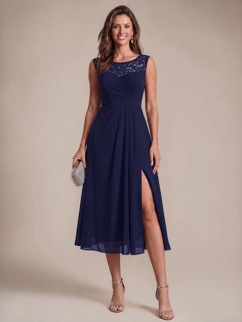 Robe d’invitée de mariage midi en mousseline à sequins