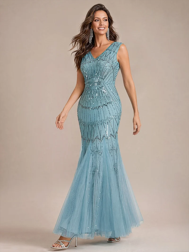 Robe de soirée sirène à sequins et perles